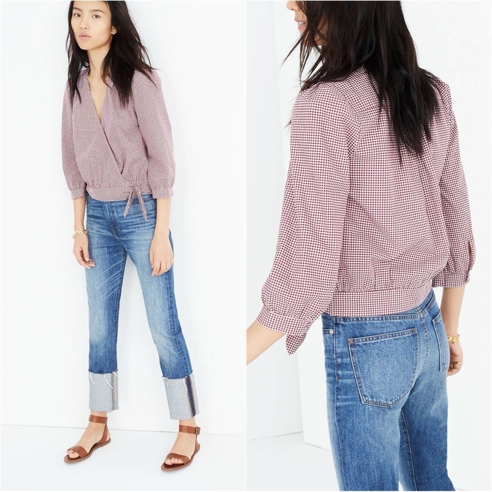 Madewell Blouse Wrap Top in Gingham Check Cropped Gingham Rusty Burgundy L - Picture 2 of 14